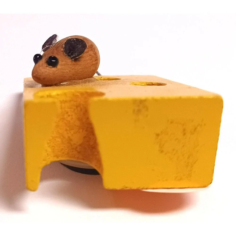 Vintage 1996 Handmade Wood Mouse Swiss Cheese Magnet 90s Folk Art Craft Dated